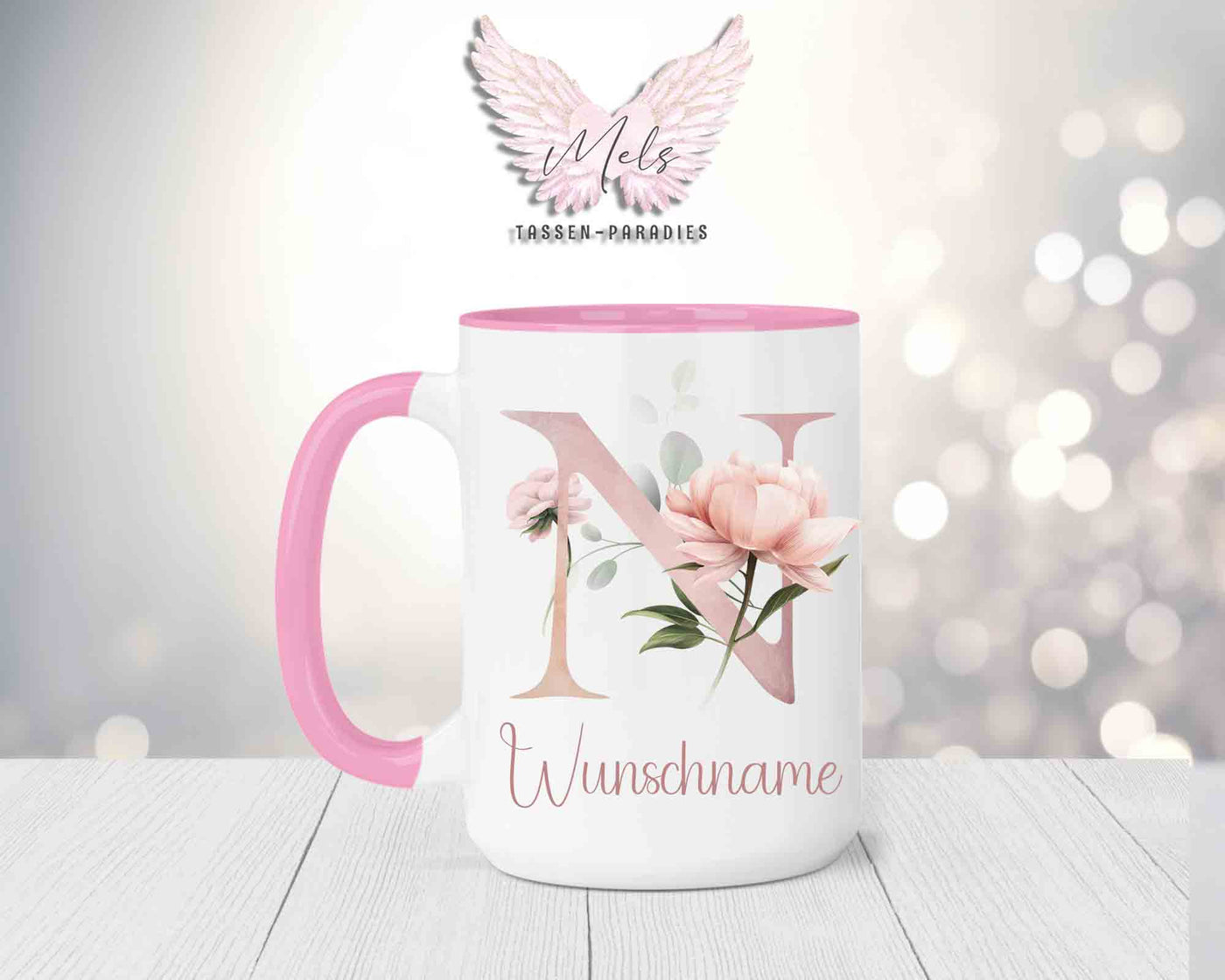 Blumen-Alphabet mit Name - Personalisierte 15oz Keramik-Tasse Rosa