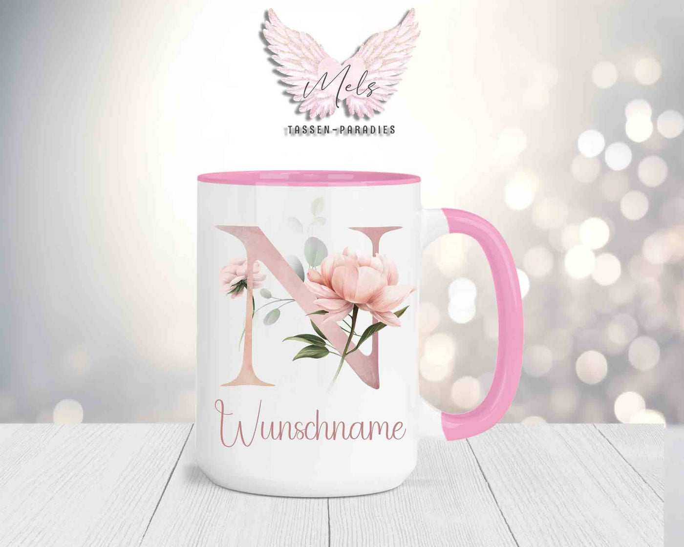 Blumen-Alphabet mit Name - Personalisierte 15oz Keramik-Tasse Rosa
