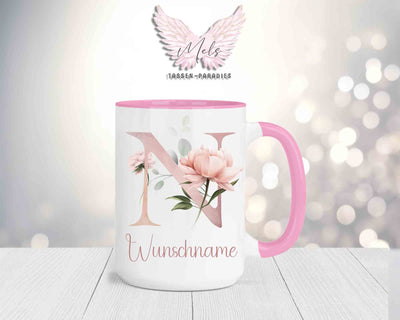 Blumen-Alphabet mit Name - Personalisierte 15oz Keramik-Tasse Rosa