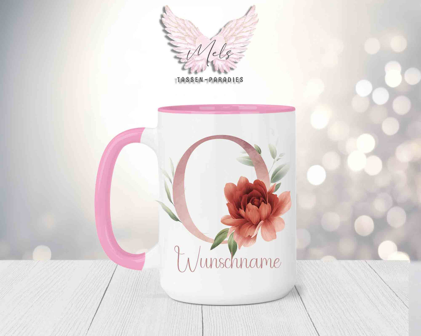 Blumen-Alphabet mit Name - Personalisierte 15oz Keramik-Tasse Rosa