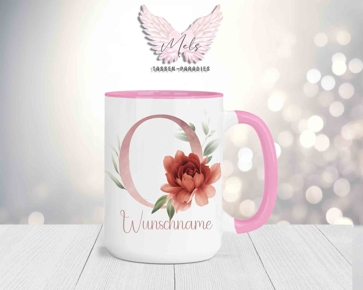 Blumen-Alphabet mit Name - Personalisierte 15oz Keramik-Tasse Rosa