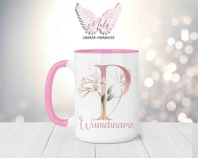 Blumen-Alphabet mit Name - Personalisierte 15oz Keramik-Tasse Rosa