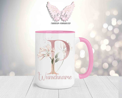 Blumen-Alphabet mit Name - Personalisierte 15oz Keramik-Tasse Rosa