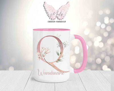 Blumen-Alphabet mit Name - Personalisierte 15oz Keramik-Tasse Rosa