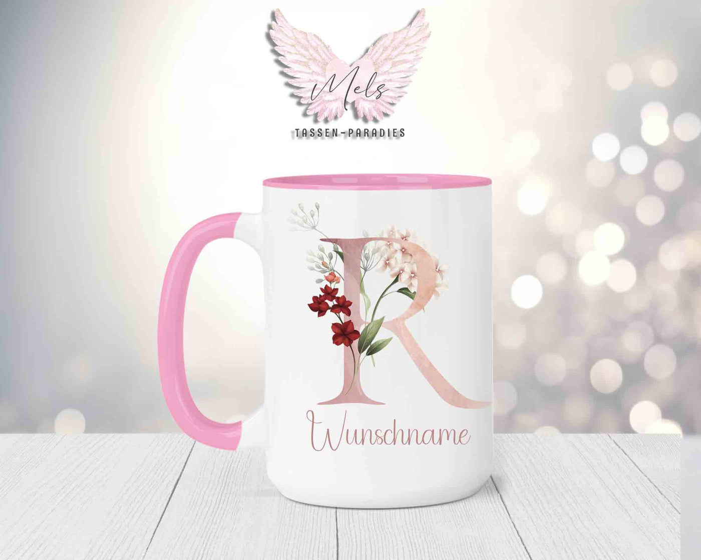 Blumen-Alphabet mit Name - Personalisierte 15oz Keramik-Tasse Rosa