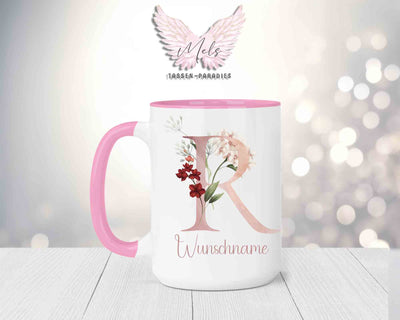 Blumen-Alphabet mit Name - Personalisierte 15oz Keramik-Tasse Rosa