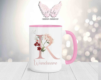 Blumen-Alphabet mit Name - Personalisierte 15oz Keramik-Tasse Rosa