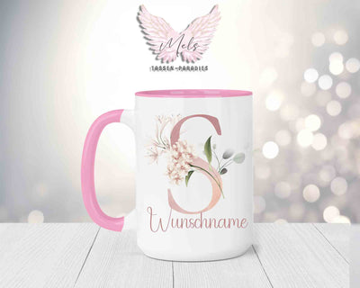 Blumen-Alphabet mit Name - Personalisierte 15oz Keramik-Tasse Rosa