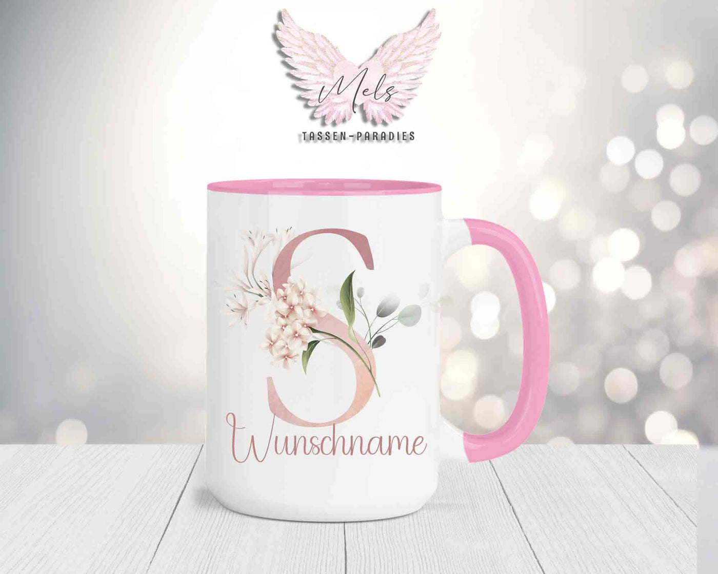 Blumen-Alphabet mit Name - Personalisierte 15oz Keramik-Tasse Rosa