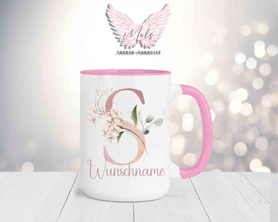 Blumen-Alphabet mit Name - Personalisierte 15oz Keramik-Tasse Rosa