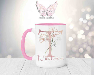 Blumen-Alphabet mit Name - Personalisierte 15oz Keramik-Tasse Rosa