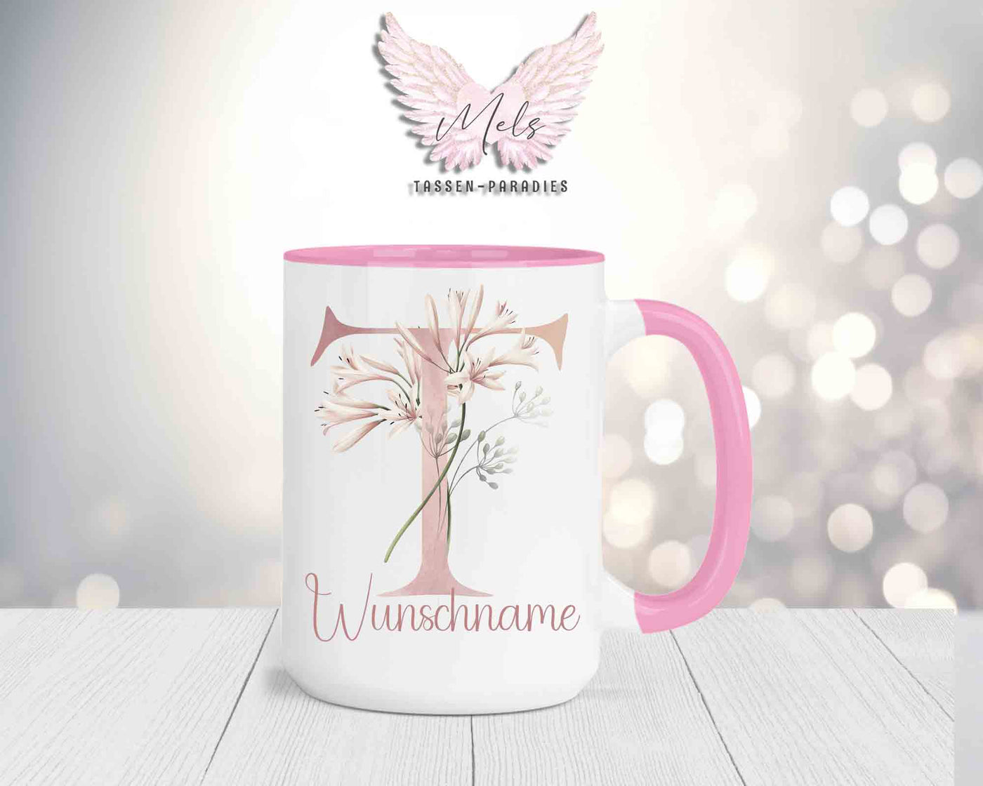 Blumen-Alphabet mit Name - Personalisierte 15oz Keramik-Tasse Rosa