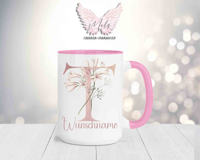 Blumen-Alphabet mit Name - Personalisierte 15oz Keramik-Tasse Rosa