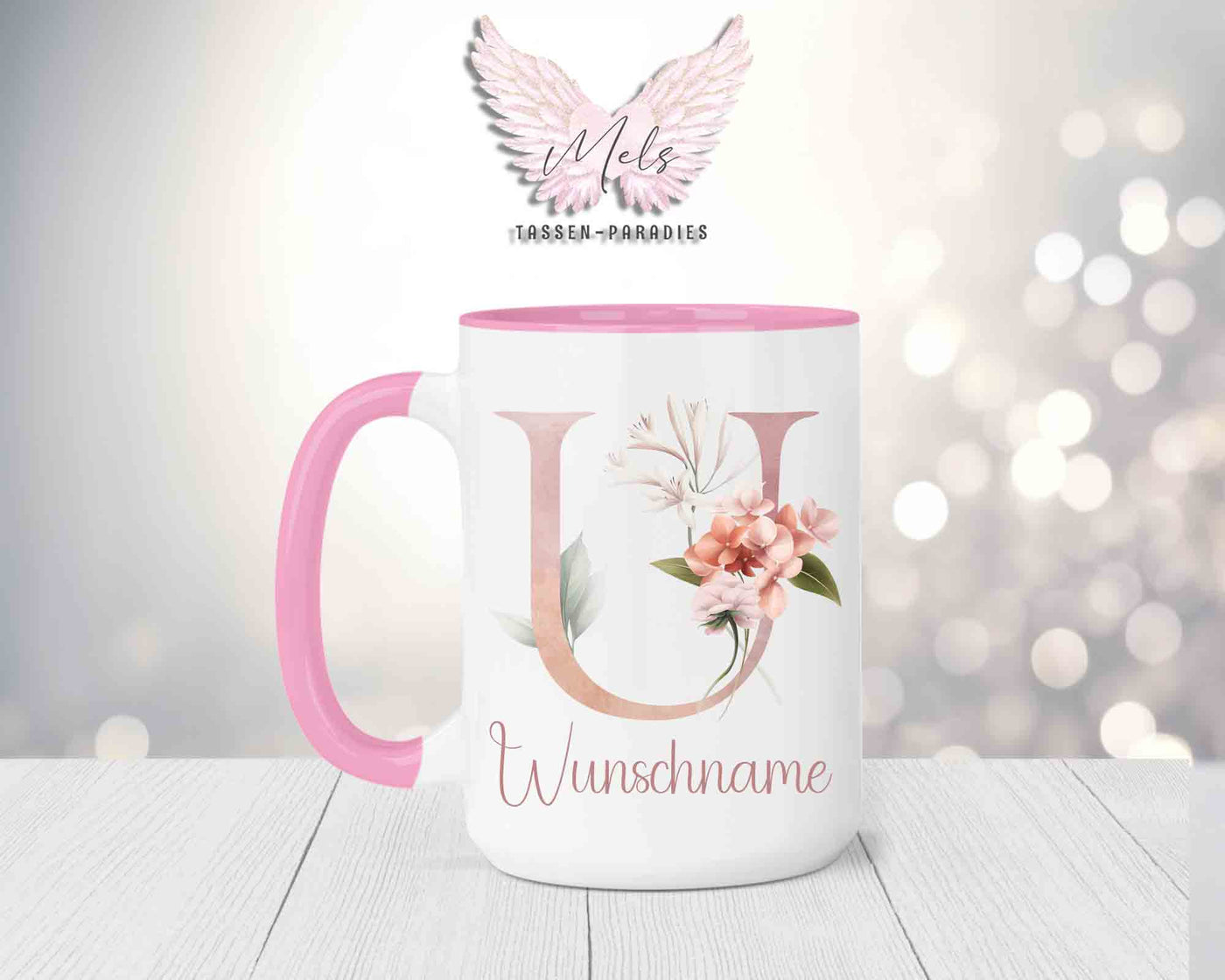 Blumen-Alphabet mit Name - Personalisierte 15oz Keramik-Tasse Rosa