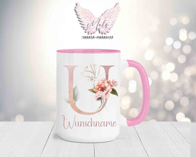 Blumen-Alphabet mit Name - Personalisierte 15oz Keramik-Tasse Rosa