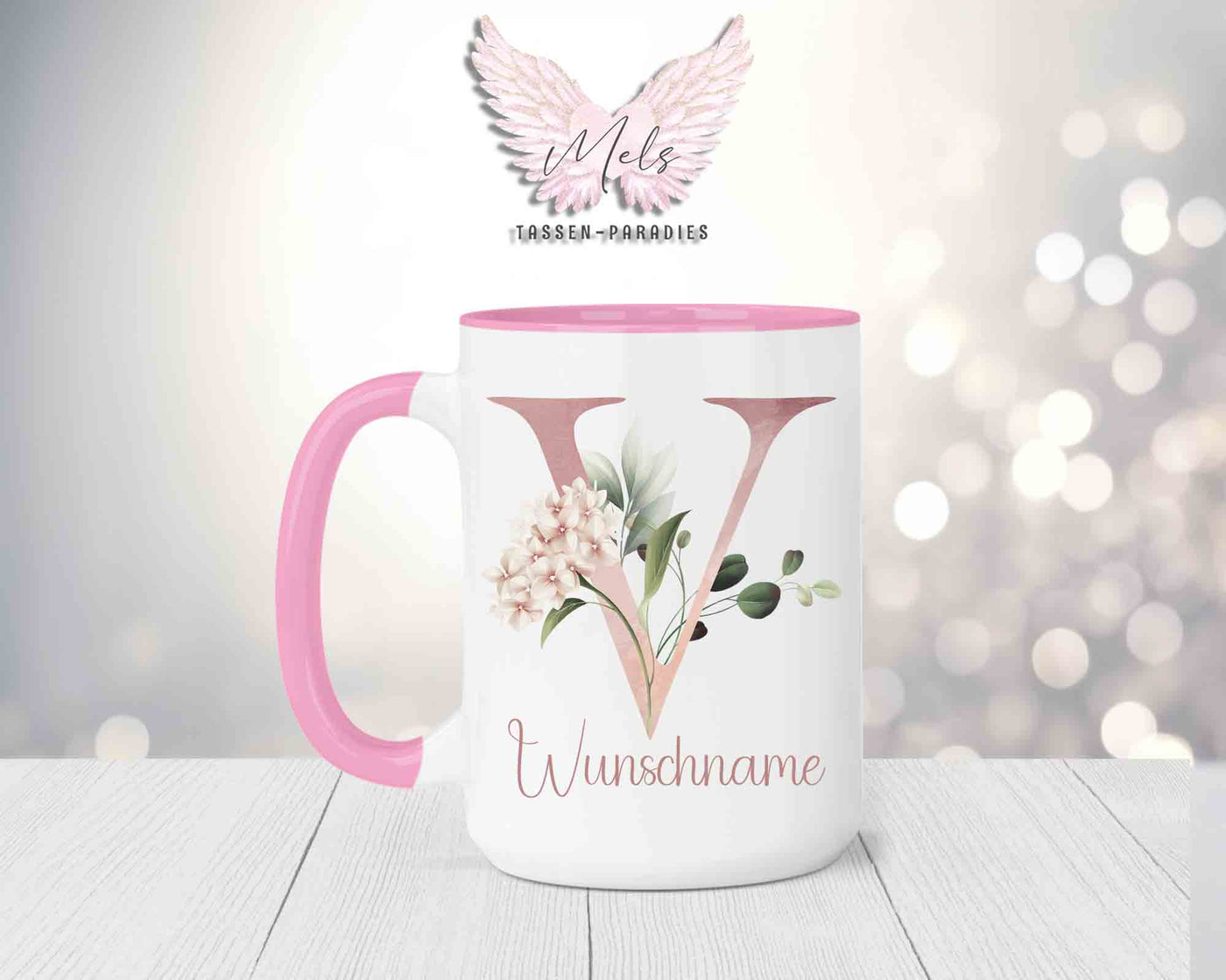 Blumen-Alphabet mit Name - Personalisierte 15oz Keramik-Tasse Rosa