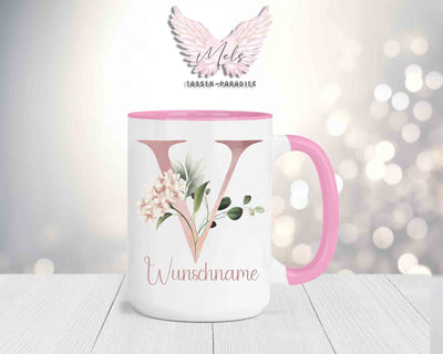 Blumen-Alphabet mit Name - Personalisierte 15oz Keramik-Tasse Rosa