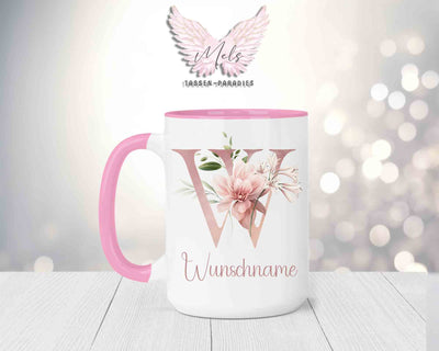 Blumen-Alphabet mit Name - Personalisierte 15oz Keramik-Tasse Rosa