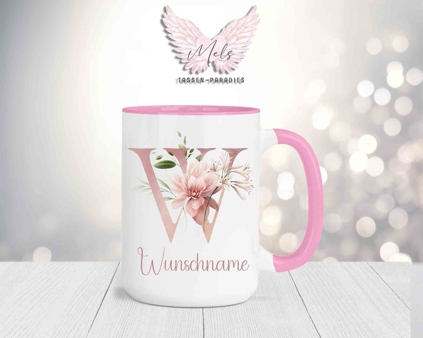 Blumen-Alphabet mit Name - Personalisierte 15oz Keramik-Tasse Rosa