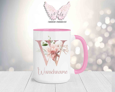 Blumen-Alphabet mit Name - Personalisierte 15oz Keramik-Tasse Rosa