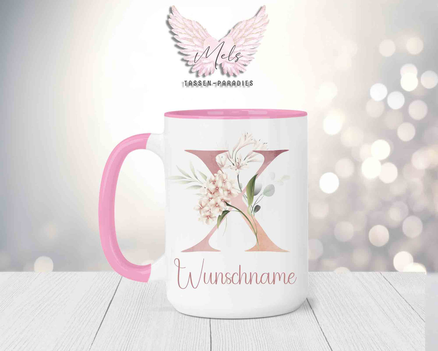 Blumen-Alphabet mit Name - Personalisierte 15oz Keramik-Tasse Rosa