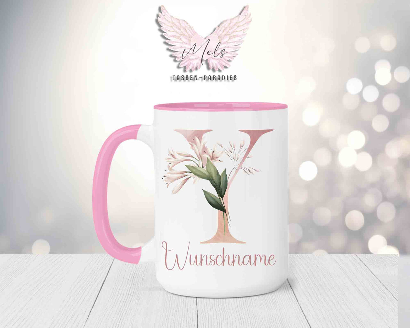 Blumen-Alphabet mit Name - Personalisierte 15oz Keramik-Tasse Rosa