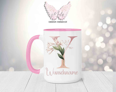 Blumen-Alphabet mit Name - Personalisierte 15oz Keramik-Tasse Rosa