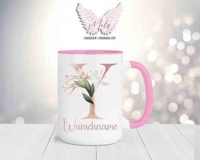 Blumen-Alphabet mit Name - Personalisierte 15oz Keramik-Tasse Rosa