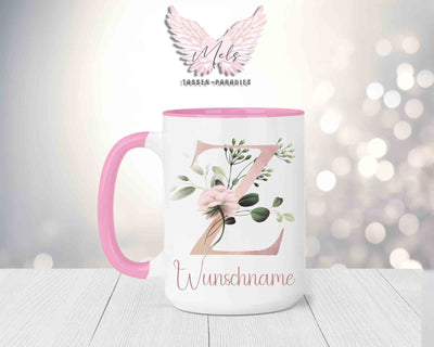 Blumen-Alphabet mit Name - Personalisierte 15oz Keramik-Tasse Rosa