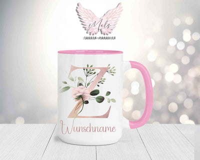 Blumen-Alphabet mit Name - Personalisierte 15oz Keramik-Tasse Rosa