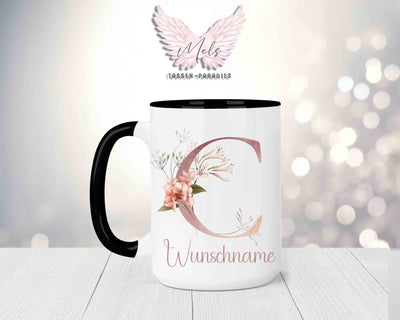 Blumen-Alphabet mit Name - Personalisierte 15oz Keramik-Tasse Schwarz