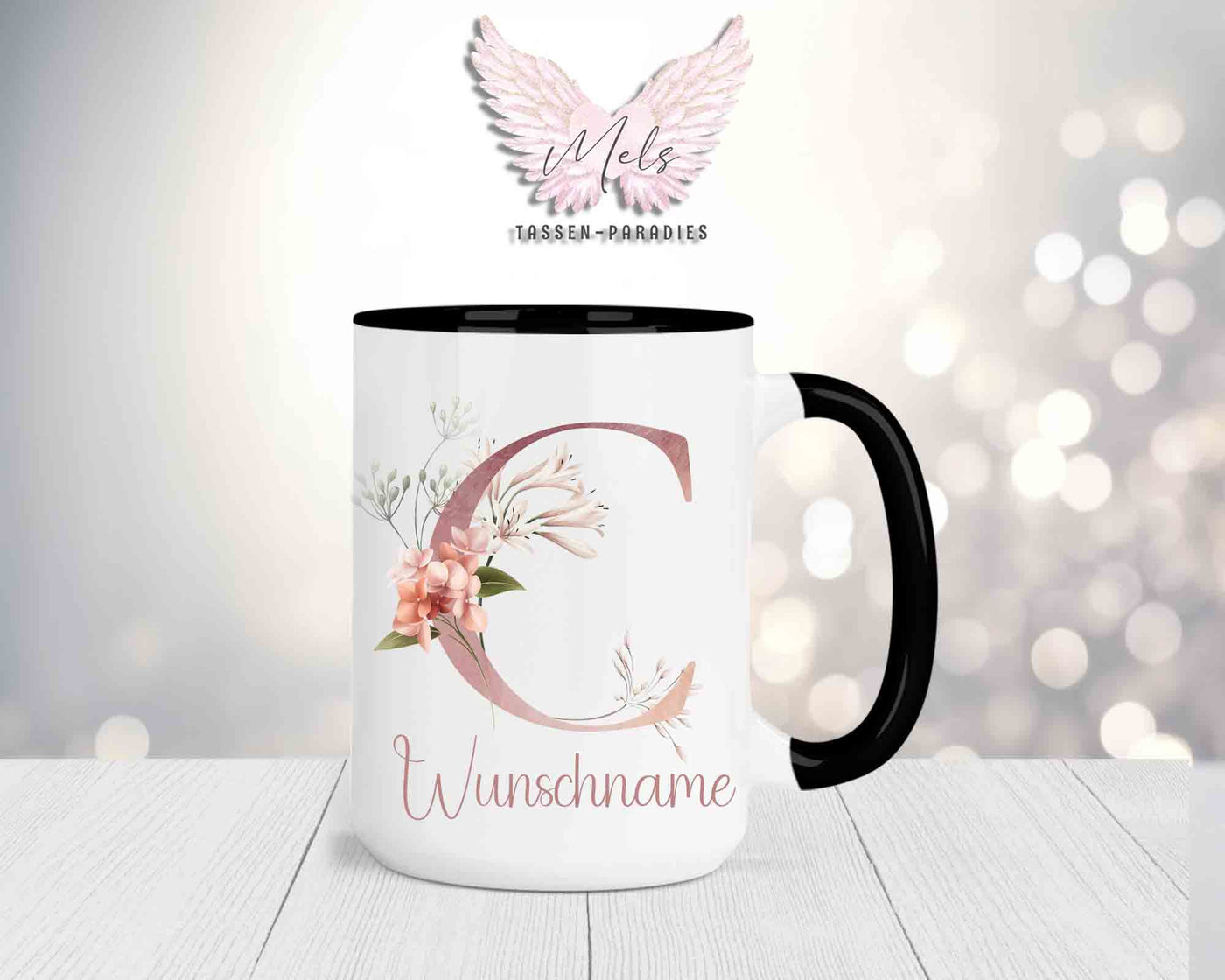 Blumen-Alphabet mit Name - Personalisierte 15oz Keramik-Tasse Schwarz