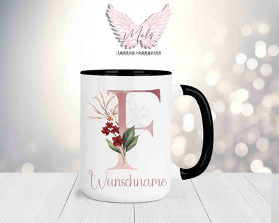 Blumen-Alphabet mit Name - Personalisierte 15oz Keramik-Tasse Schwarz
