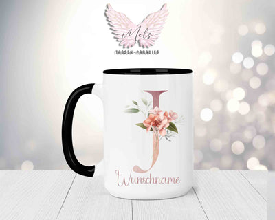 Blumen-Alphabet mit Name - Personalisierte 15oz Keramik-Tasse Schwarz