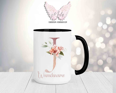 Blumen-Alphabet mit Name - Personalisierte 15oz Keramik-Tasse Schwarz