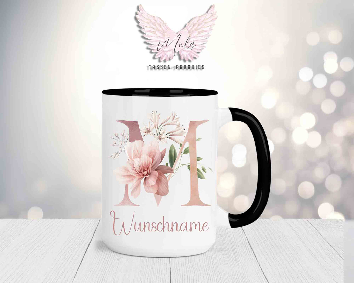 Blumen-Alphabet mit Name - Personalisierte 15oz Keramik-Tasse Schwarz