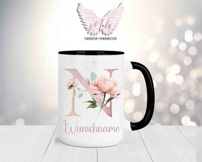 Blumen-Alphabet mit Name - Personalisierte 15oz Keramik-Tasse Schwarz