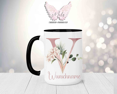 Blumen-Alphabet mit Name - Personalisierte 15oz Keramik-Tasse Schwarz
