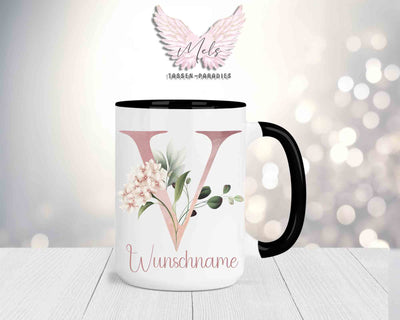 Blumen-Alphabet mit Name - Personalisierte 15oz Keramik-Tasse Schwarz
