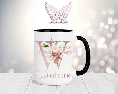 Blumen-Alphabet mit Name - Personalisierte 15oz Keramik-Tasse Schwarz