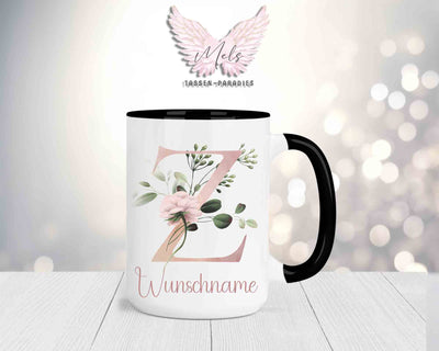 Blumen-Alphabet mit Name - Personalisierte 15oz Keramik-Tasse Schwarz