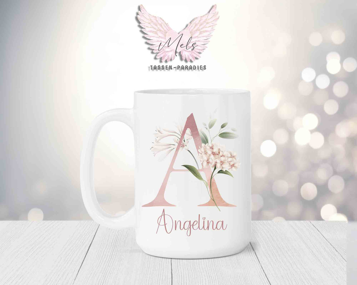 Blumen-Alphabet mit Name - Personalisierte 15oz Keramik-Tasse Weiß