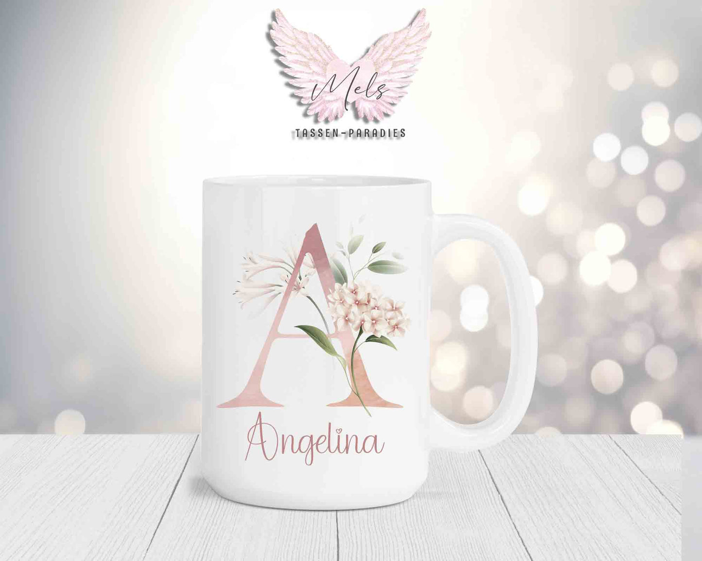 Blumen-Alphabet mit Name - Personalisierte 15oz Keramik-Tasse Weiß