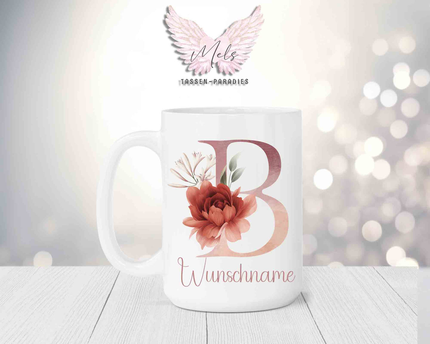 Blumen-Alphabet mit Name - Personalisierte 15oz Keramik-Tasse Weiß