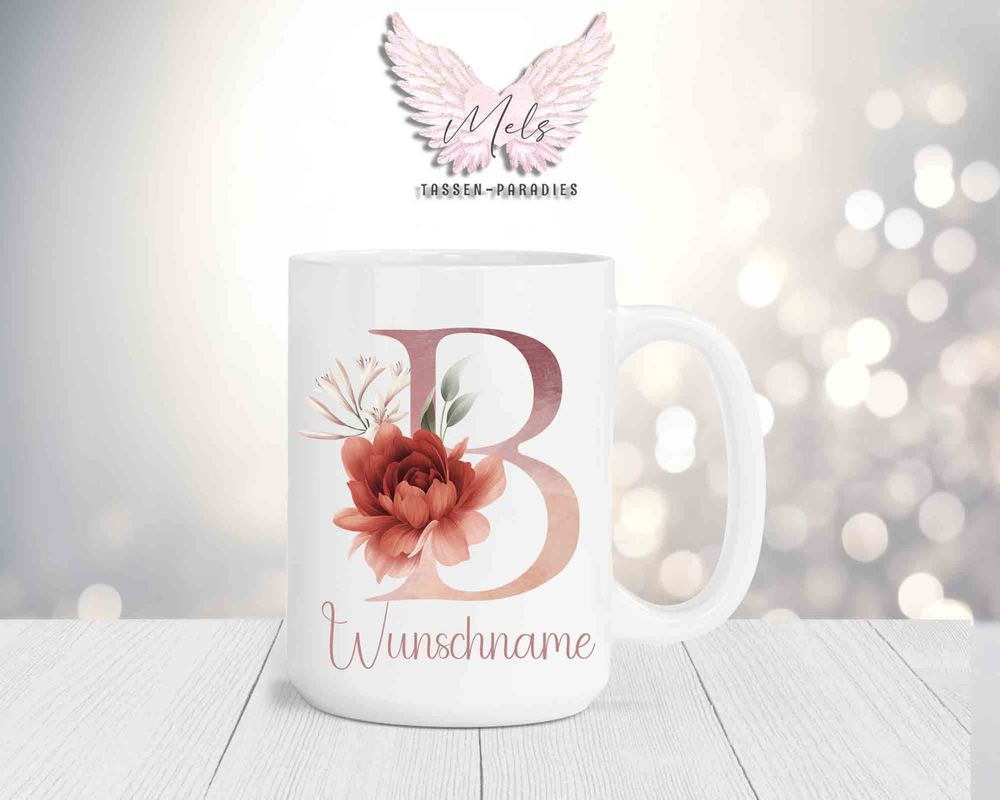 Blumen-Alphabet mit Name - Personalisierte 15oz Keramik-Tasse Weiß