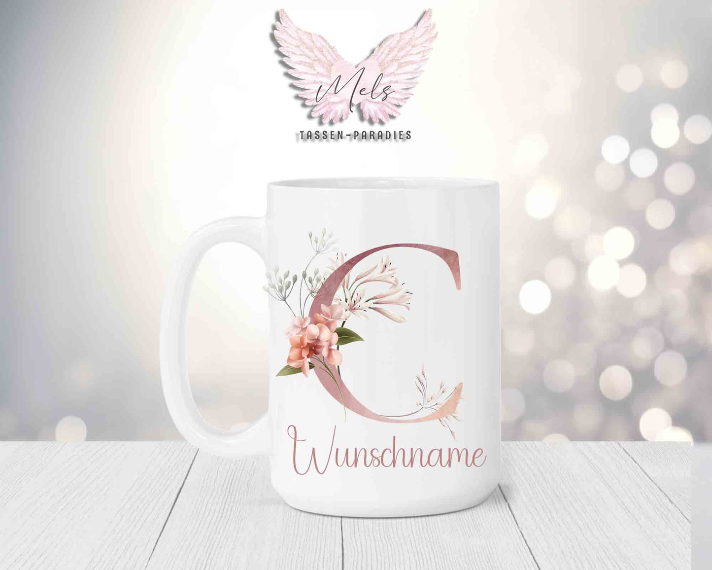 Blumen-Alphabet mit Name - Personalisierte 15oz Keramik-Tasse Weiß