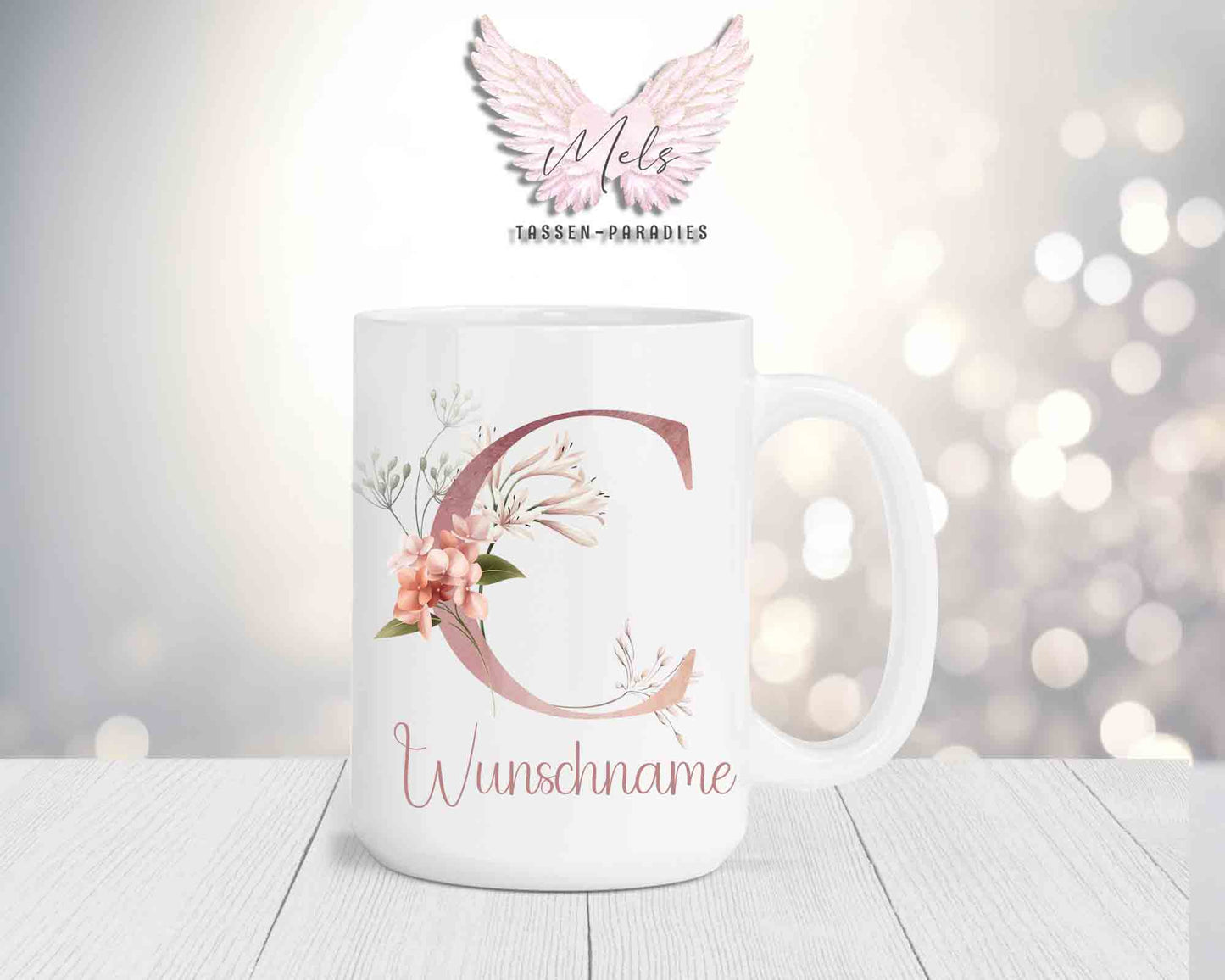 Blumen-Alphabet mit Name - Personalisierte 15oz Keramik-Tasse Weiß