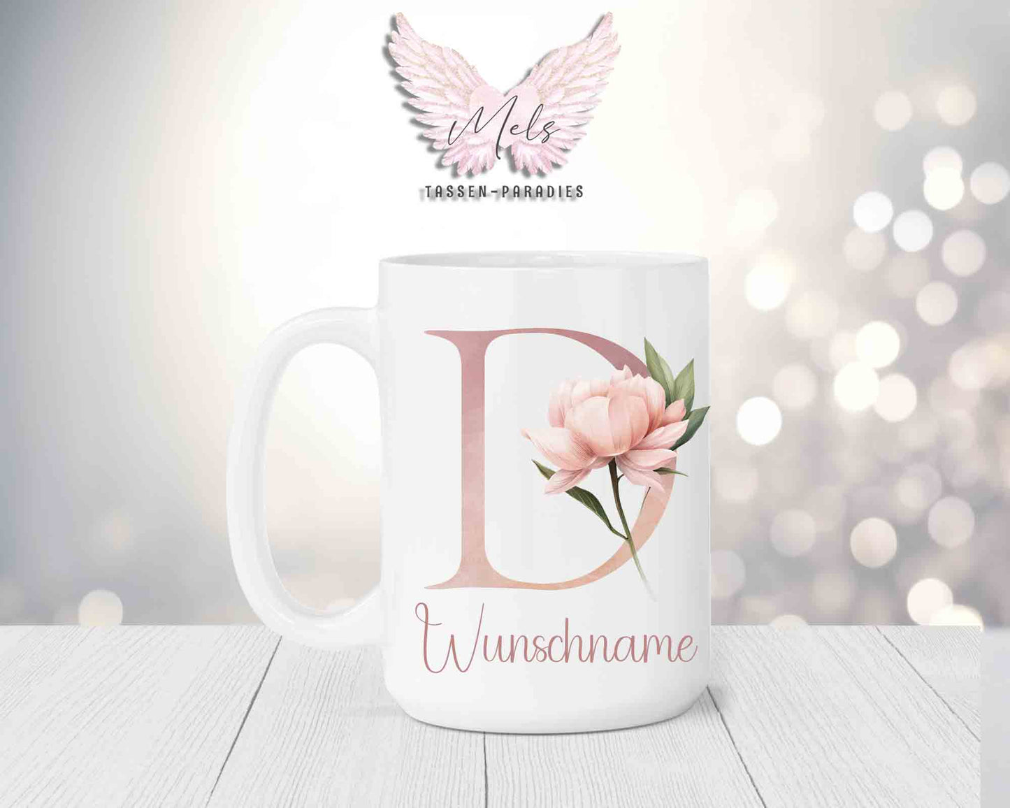 Blumen-Alphabet mit Name - Personalisierte 15oz Keramik-Tasse Weiß