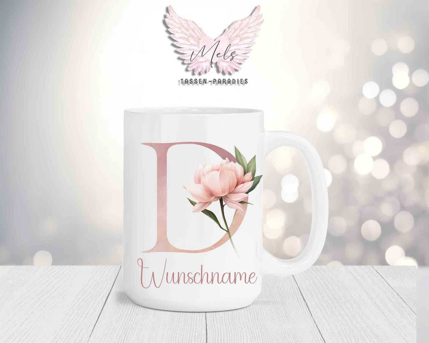 Blumen-Alphabet mit Name - Personalisierte 15oz Keramik-Tasse Weiß