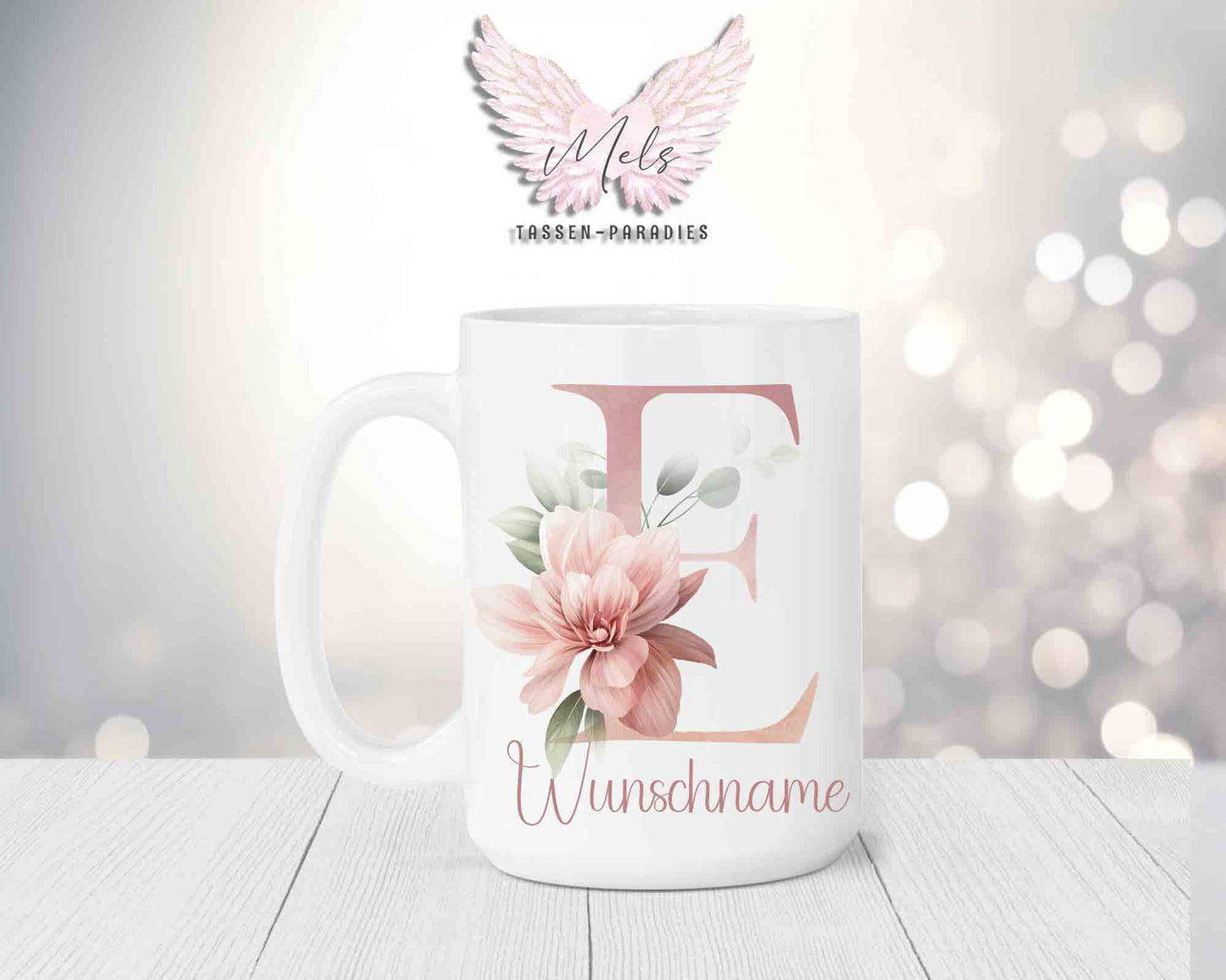 Blumen-Alphabet mit Name - Personalisierte 15oz Keramik-Tasse Weiß